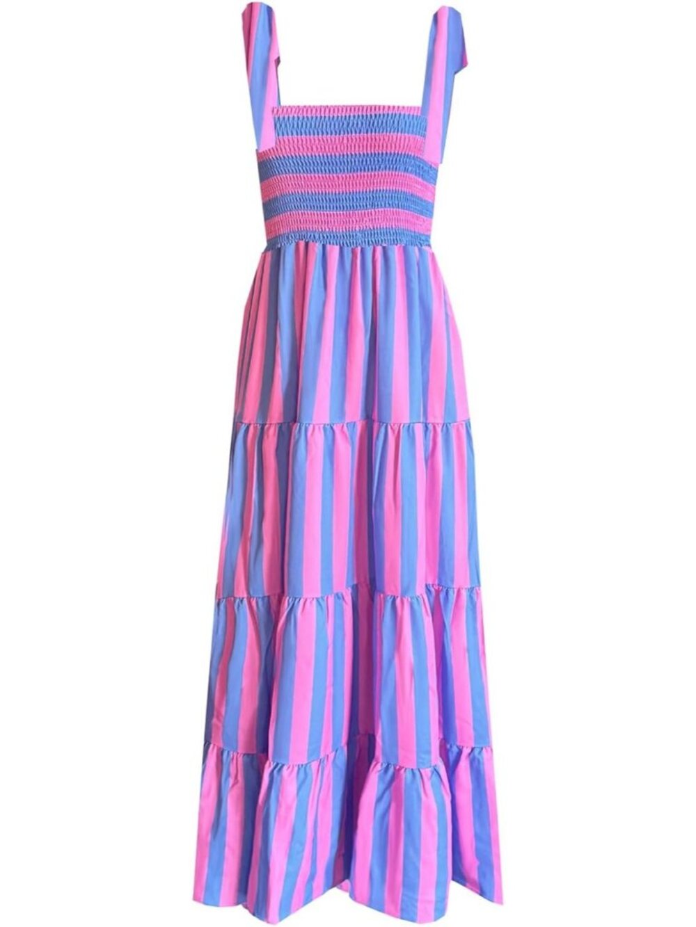 Women's Pink Striped Sleeveless Square Neck Ruffle Flowy Imported Maxi Dress